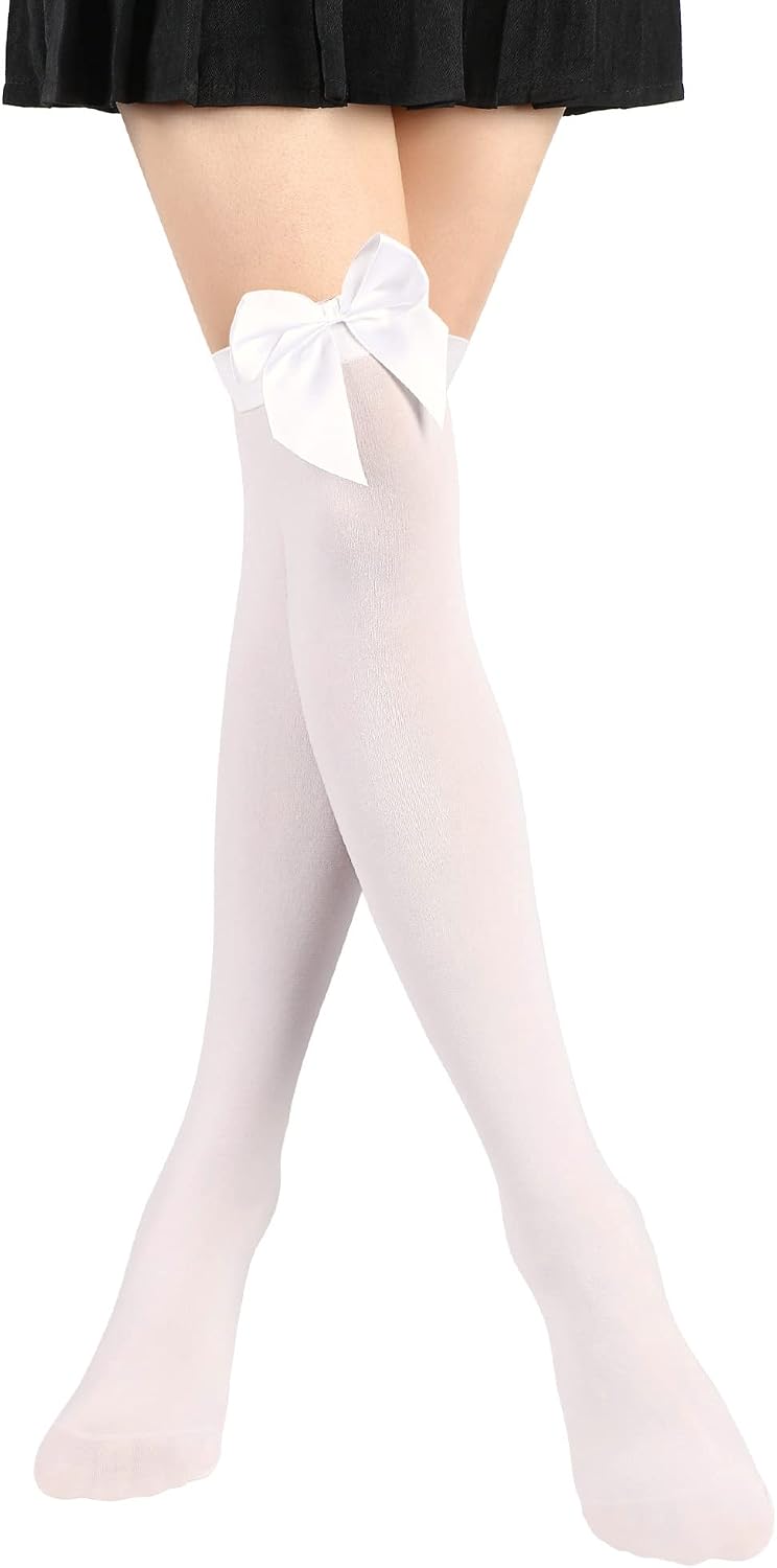 Knee High Socks with Bow White Stockings Black Stockings Women Thigh High Socks