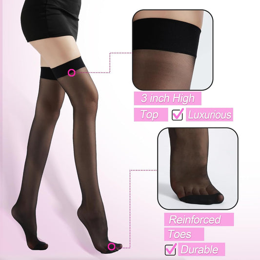 4 Pairs Women's Backseam Thigh High Stockings - 20D Sheer Top Nylon Stay Up Pantyhose with Reinforced Toe