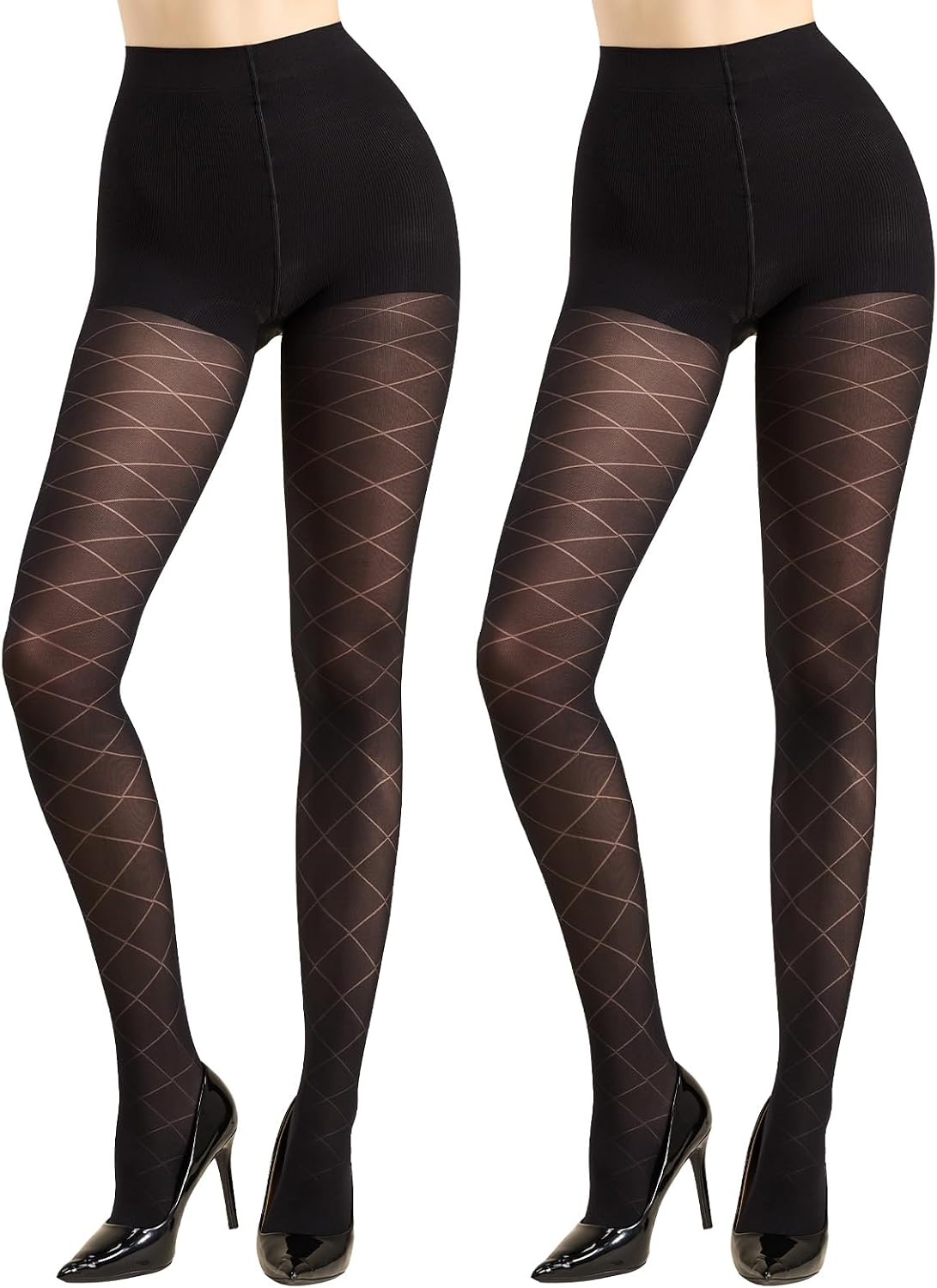 Diamond-Pattern Tights With Tummy Control, Checkerboard Design, 50d Thickness