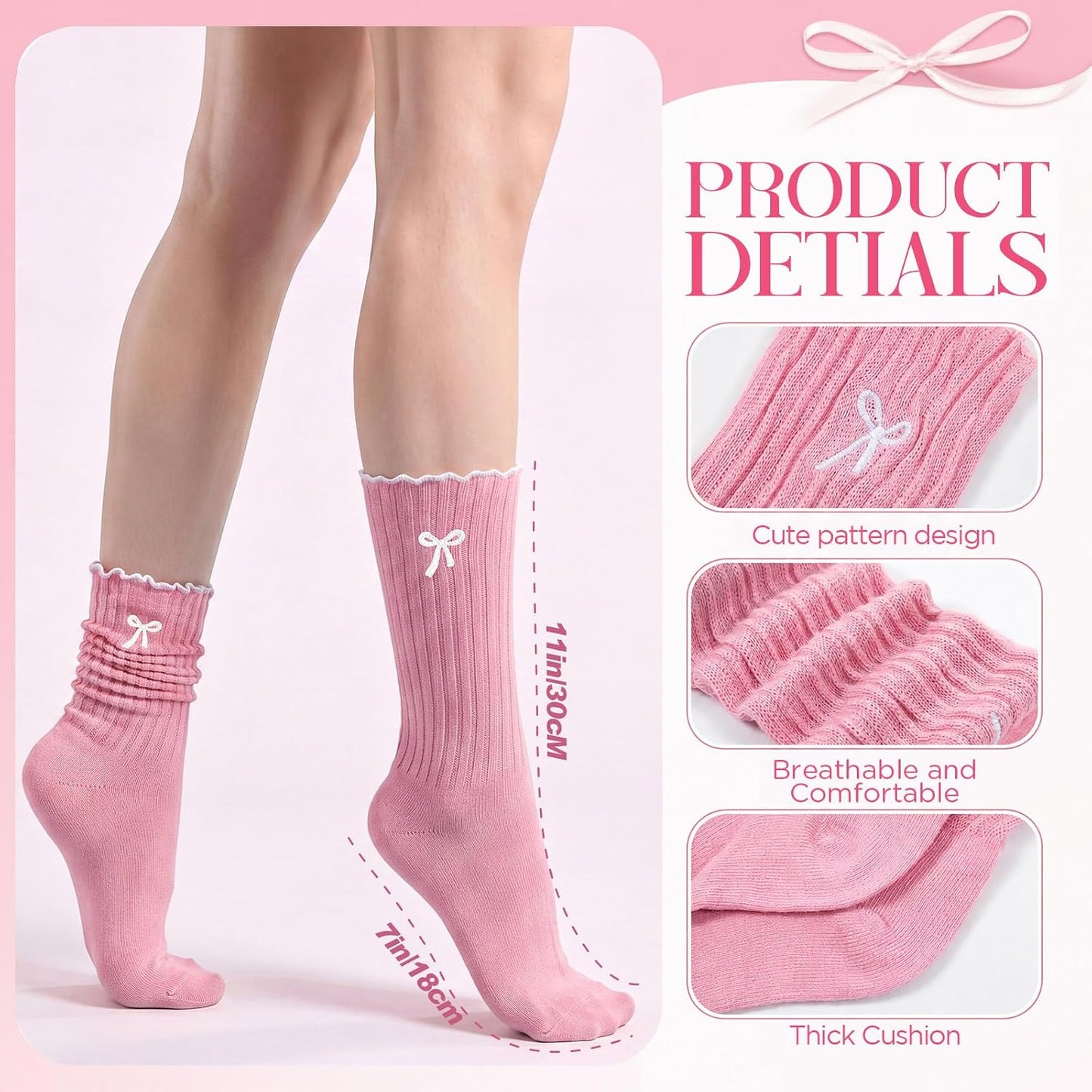 Women's Bow-Detail Slouch Socks (4-Pack), Ruffled Ruched Crew Socks, Cute Sweet-Style Knit Bow Socks