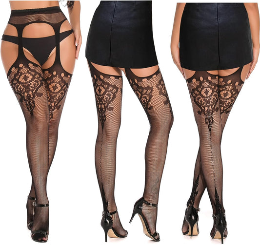 Women's Fishnet Over-The-Knee Stockings (5-Pack) With Garter Belt Set And Garter-Style Pantyhose