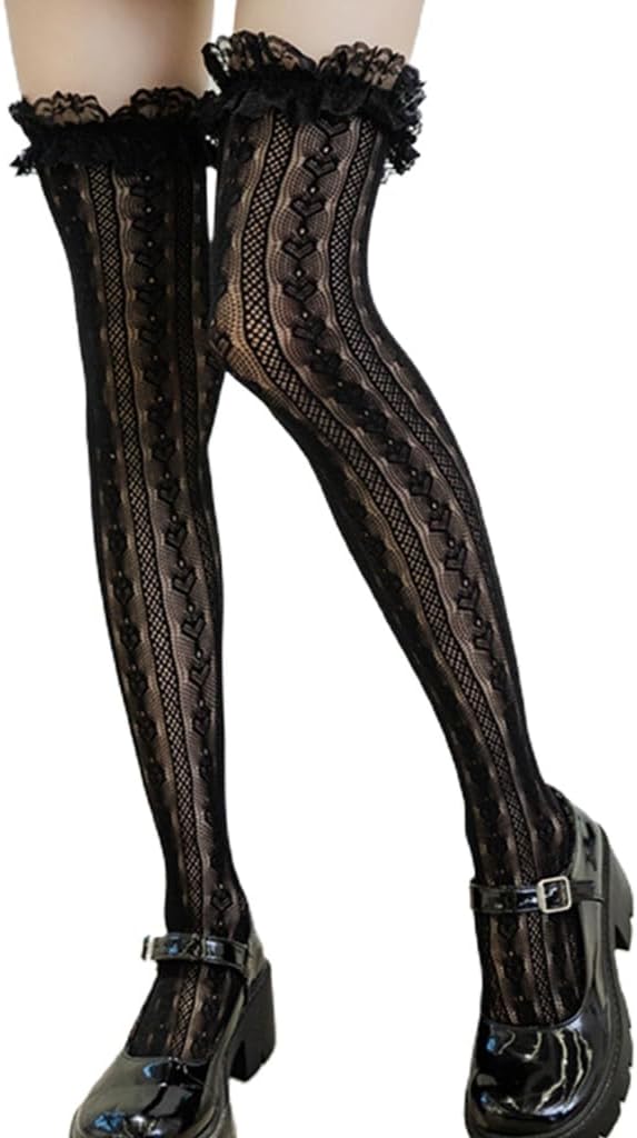 Fishnet Thigh-Highs – Over-the-Knee Socks with Heart-Patterned Lace Ruffles