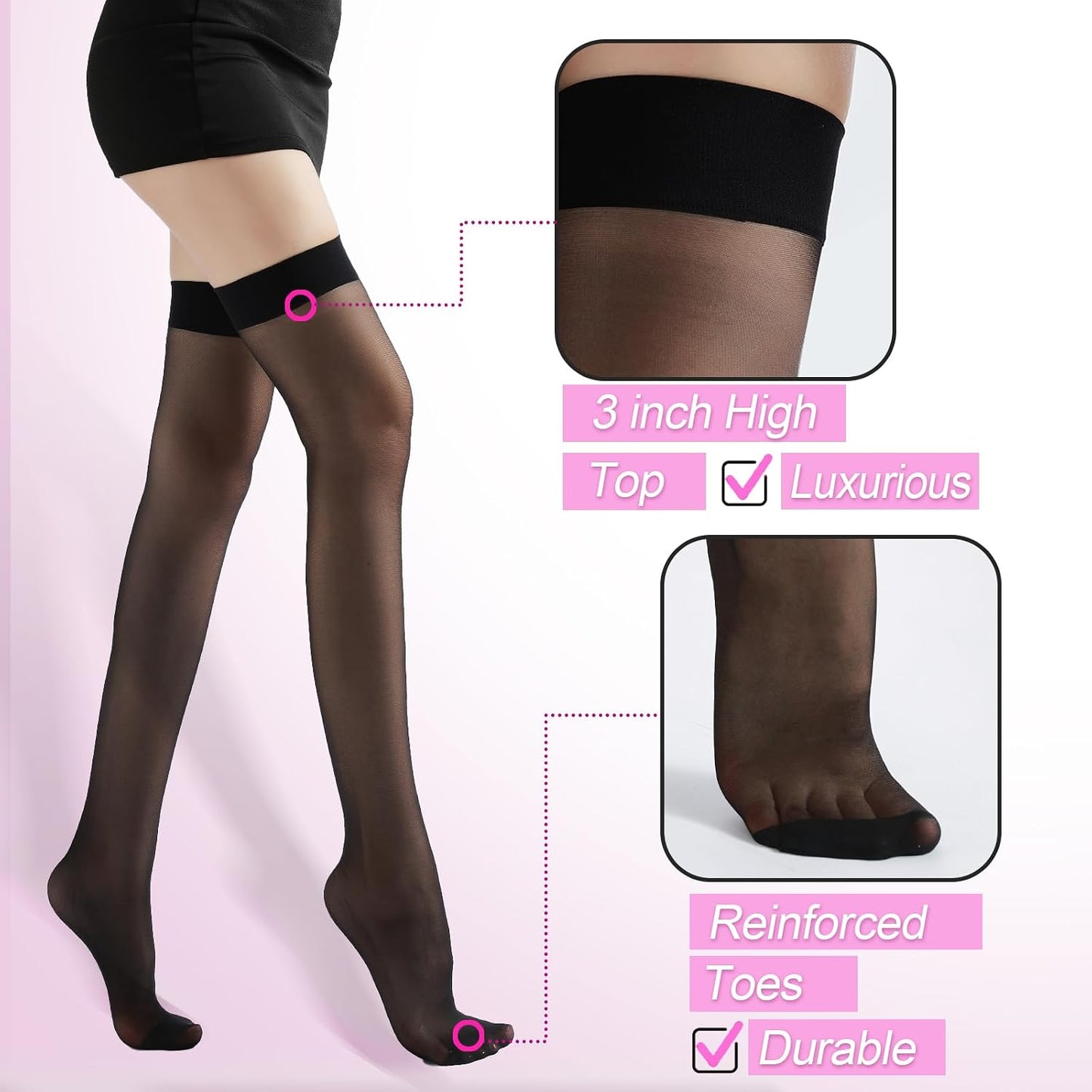4 Pairs Women's Backseam Thigh High Stockings - 20D Sheer Top Nylon Stay Up Pantyhose with Reinforced Toe