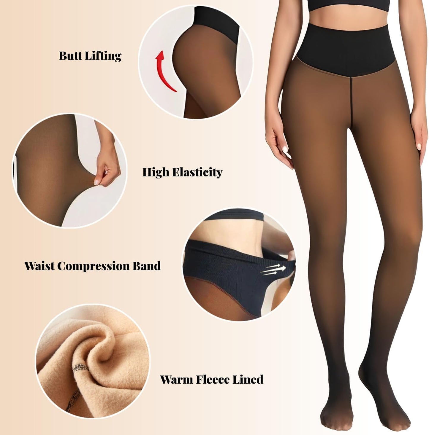 Women's High-Waisted Fleece-Lined Thermal Tights (Sheer-Look & Tummy Control)