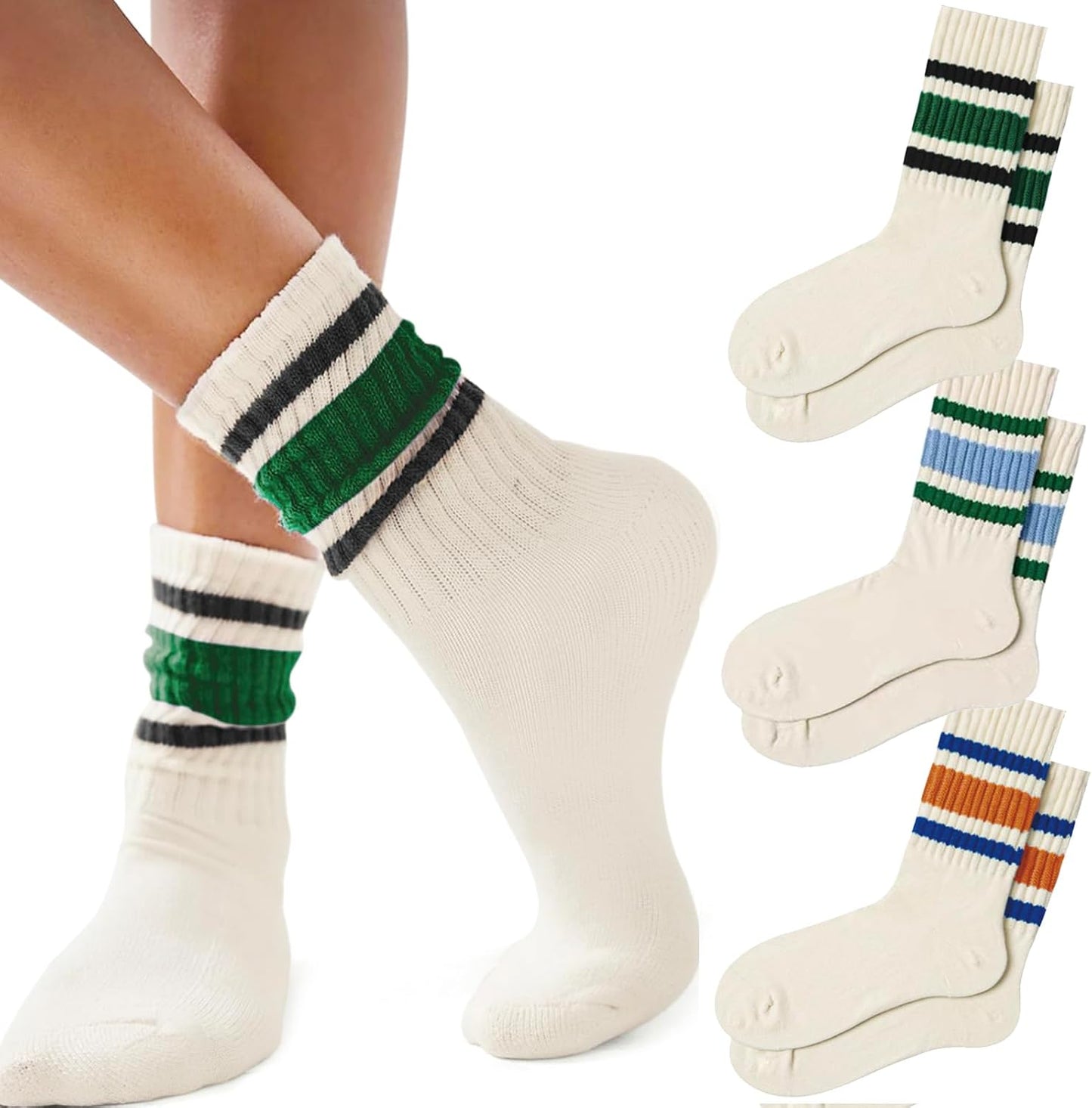 Women's Fun Retro Striped Crew Socks, Sporty Casual Cotton Long Socks