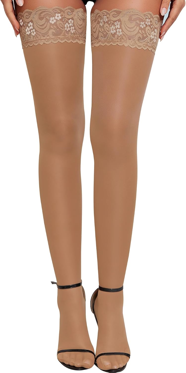 Women's Sheer Lace-Top Thigh-Highs – Non-Slip Silicone Design, High-Shine Finish