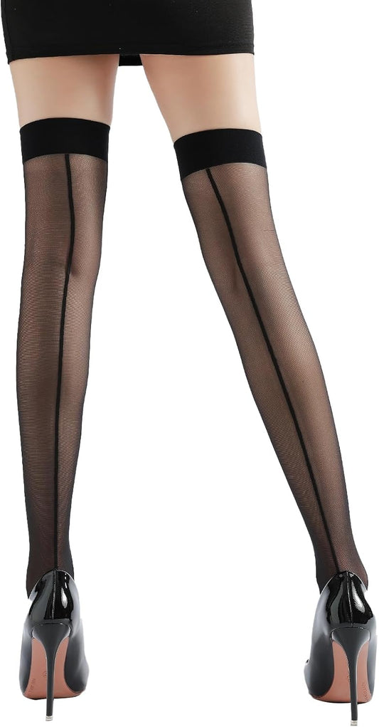 4 Pairs Women's Backseam Thigh High Stockings - 20D Sheer Top Nylon Stay Up Pantyhose with Reinforced Toe