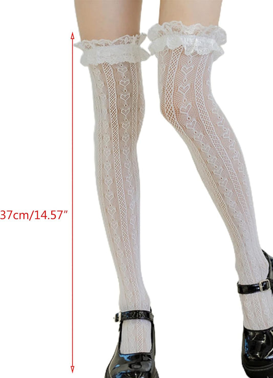 Fishnet Thigh-Highs – Over-the-Knee Socks with Heart-Patterned Lace Ruffles