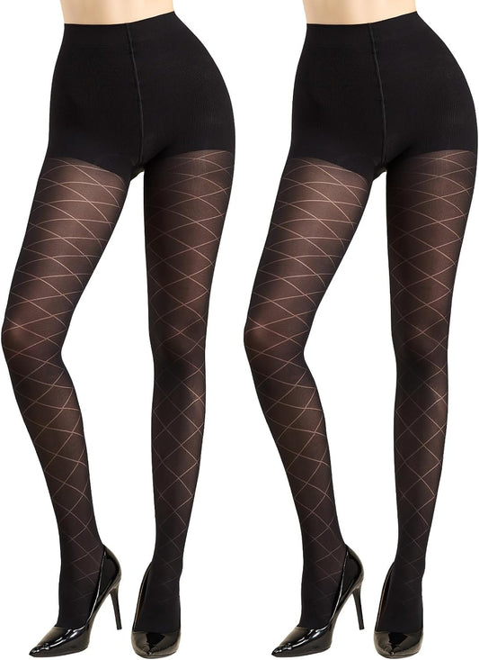 Diamond-Pattern Tights With Tummy Control, Checkerboard Design, 50d Thickness