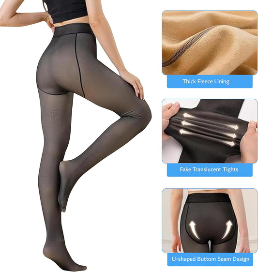 Women's High-Stretch Fleece-Lined Thermal Leggings (Sheer-Look)