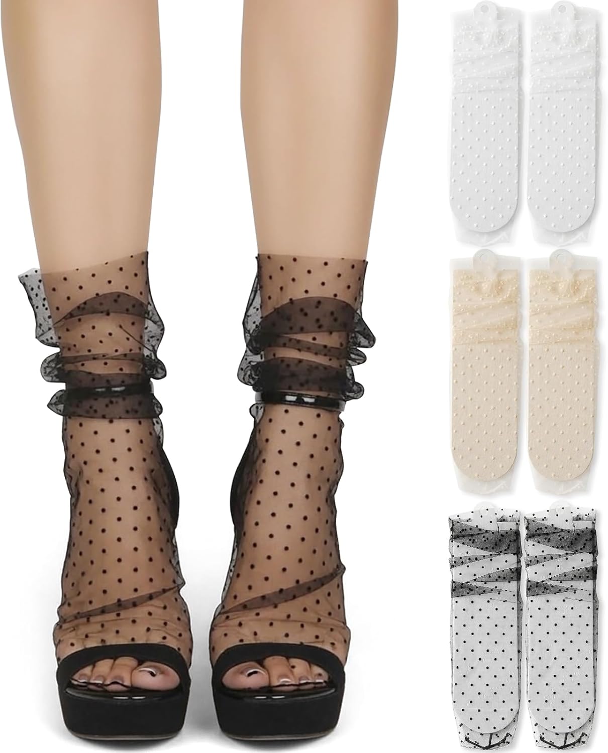 Women's Sheer Mesh Slouch Socks (2-Pack), Star & Moon Embroidered Tulle Crew Socks