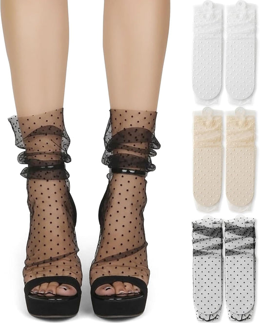 Women's Sheer Mesh Slouch Socks (2-Pack), Star & Moon Embroidered Tulle Crew Socks