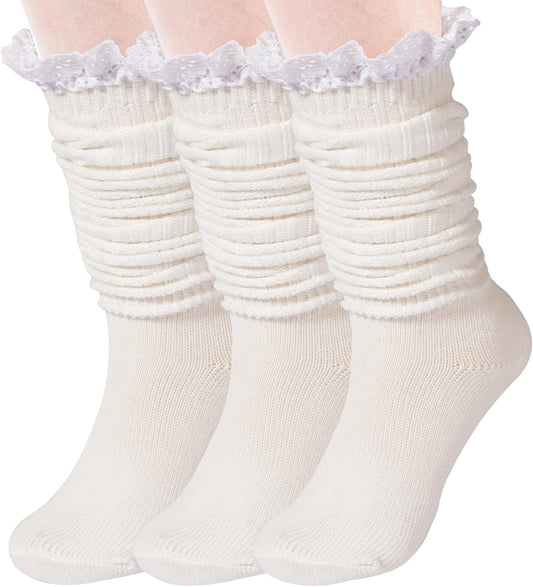 Women's Slouch Socks (3-Pack), Ruffled Cuff Socks, Vintage Knit Ruched Over-the-Knee Boot Socks