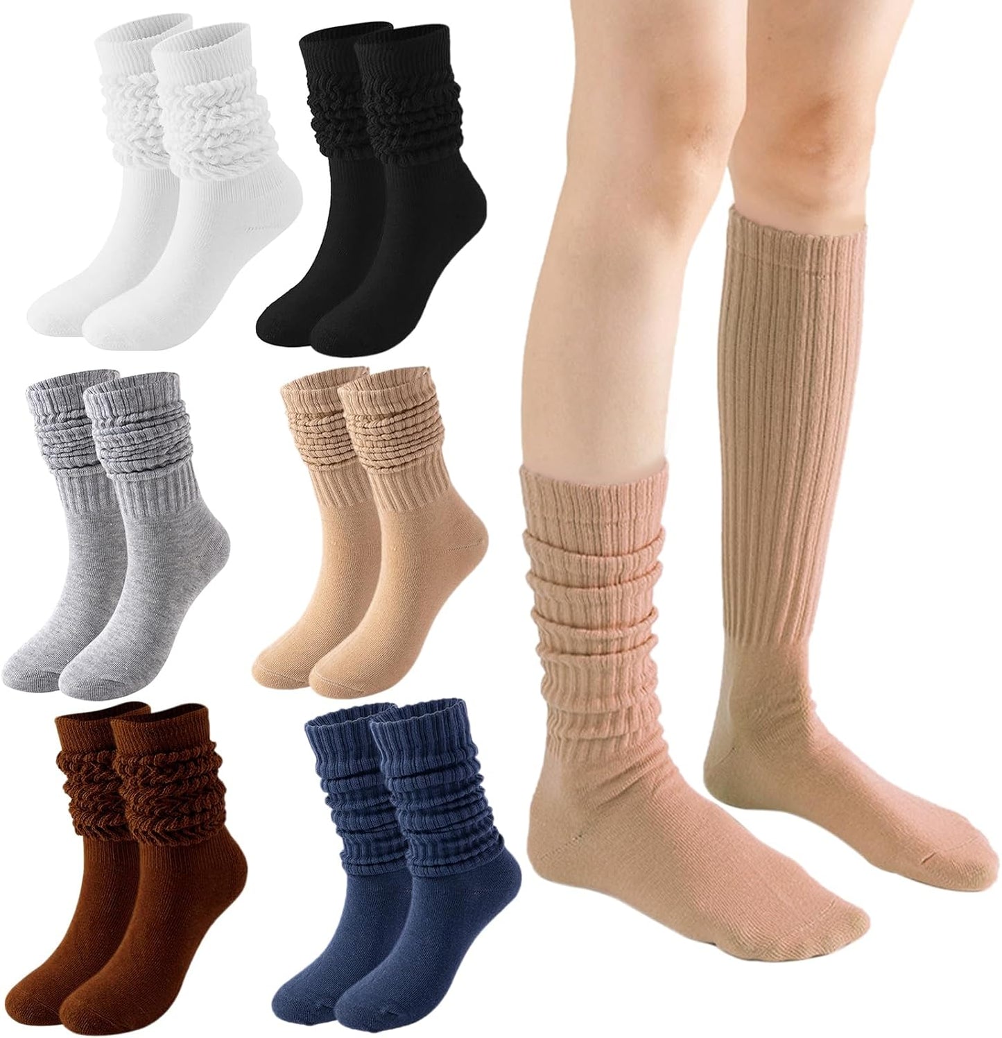 Women's Slouch Socks (6-Pack), Colorful Over-the-Knee Ruched Socks (for Women/Girls/Students), Casual Crew Socks