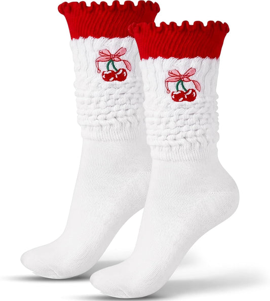 Women's Ruffled Socks, Cotton Knit with Embroidery