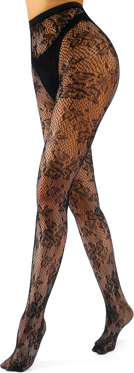 Floral Pattern Pantyhose / Rose-Pattern Sheer Stockings / Lace-Mesh Style Hosiery