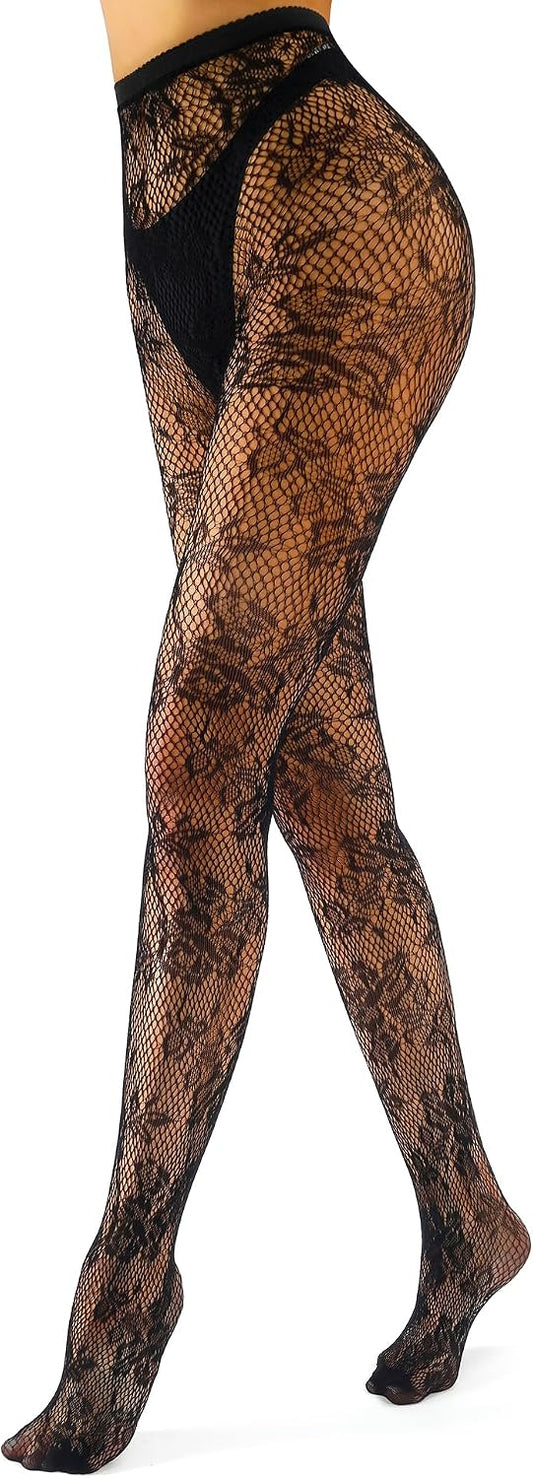 Floral Pattern Pantyhose / Rose-Pattern Sheer Stockings / Lace-Mesh Style Hosiery