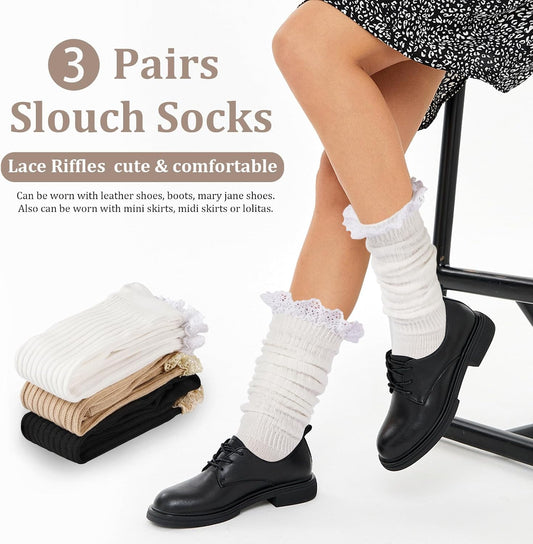 Women's Slouch Socks (3-Pack), Ruffled Cuff Socks, Vintage Knit Ruched Over-the-Knee Boot Socks