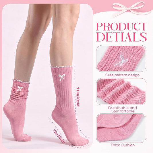 Women's Bow-Detail Slouch Socks (4-Pack), Ruffled Ruched Crew Socks, Cute Sweet-Style Knit Bow Socks