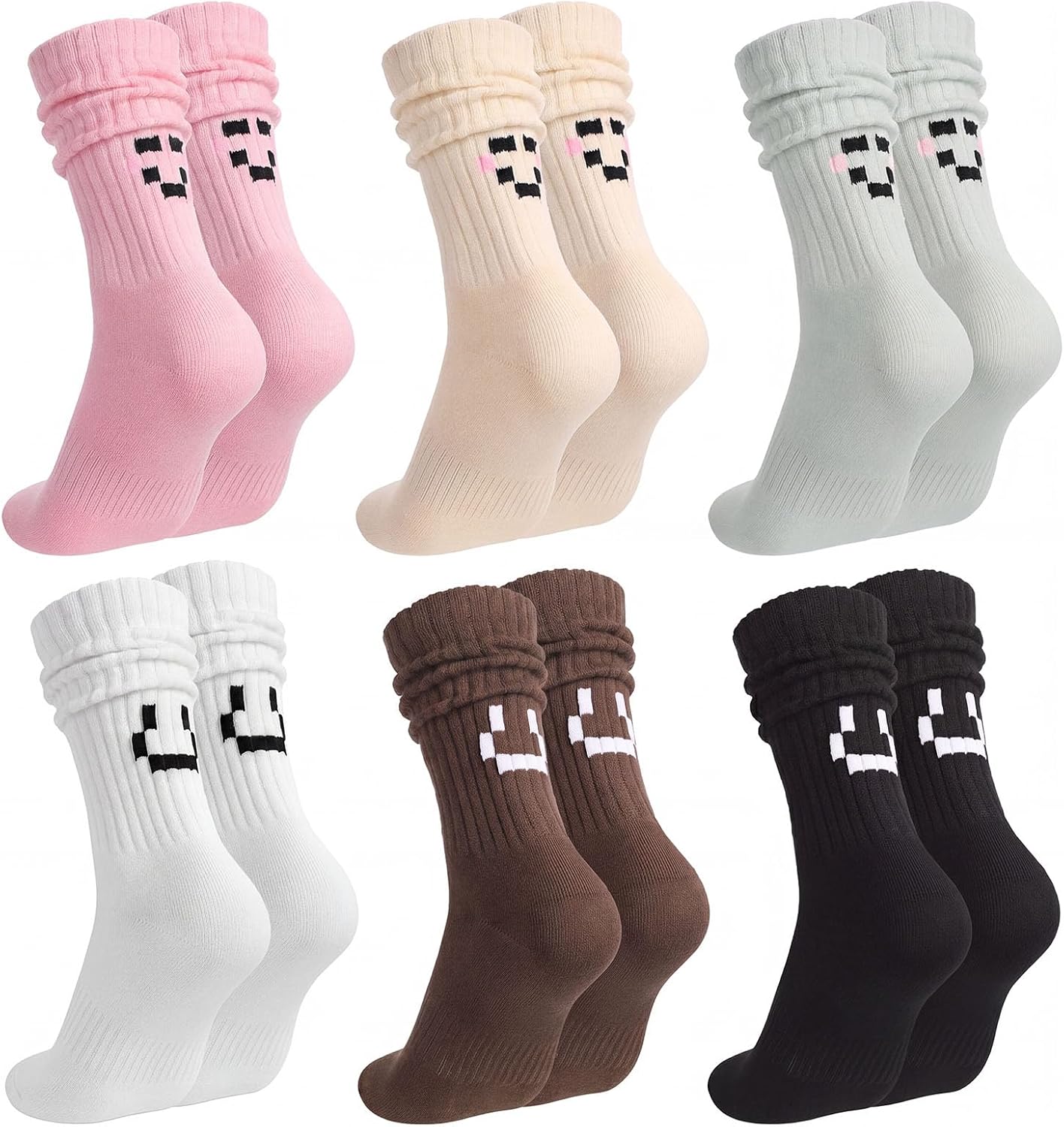 Women's Cute Slouch Socks (6-Pack), Ribbed Ruched Crew Socks