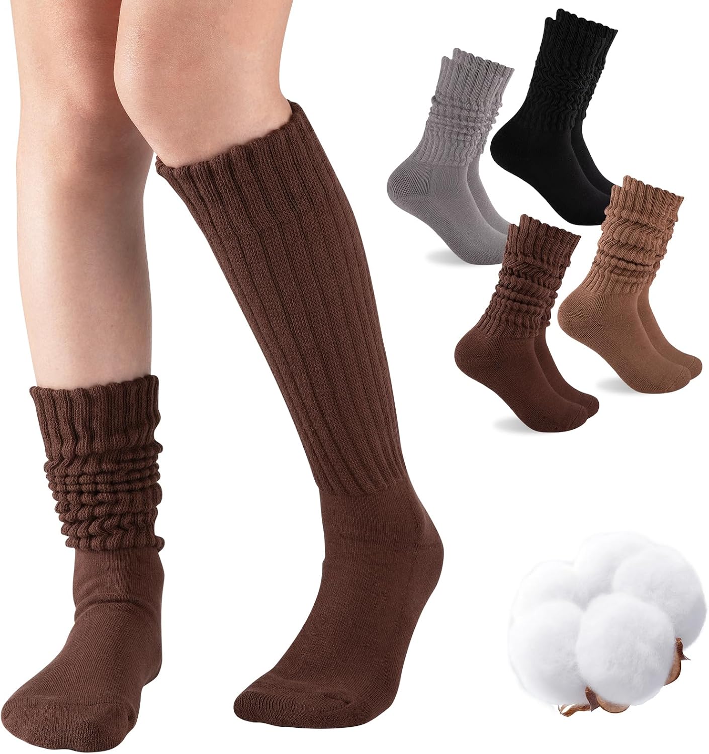 Women's Slouch Socks (4-Pair Pack): Over-the-Knee Soft Cotton Knit Extra-Long Socks with Cushioning