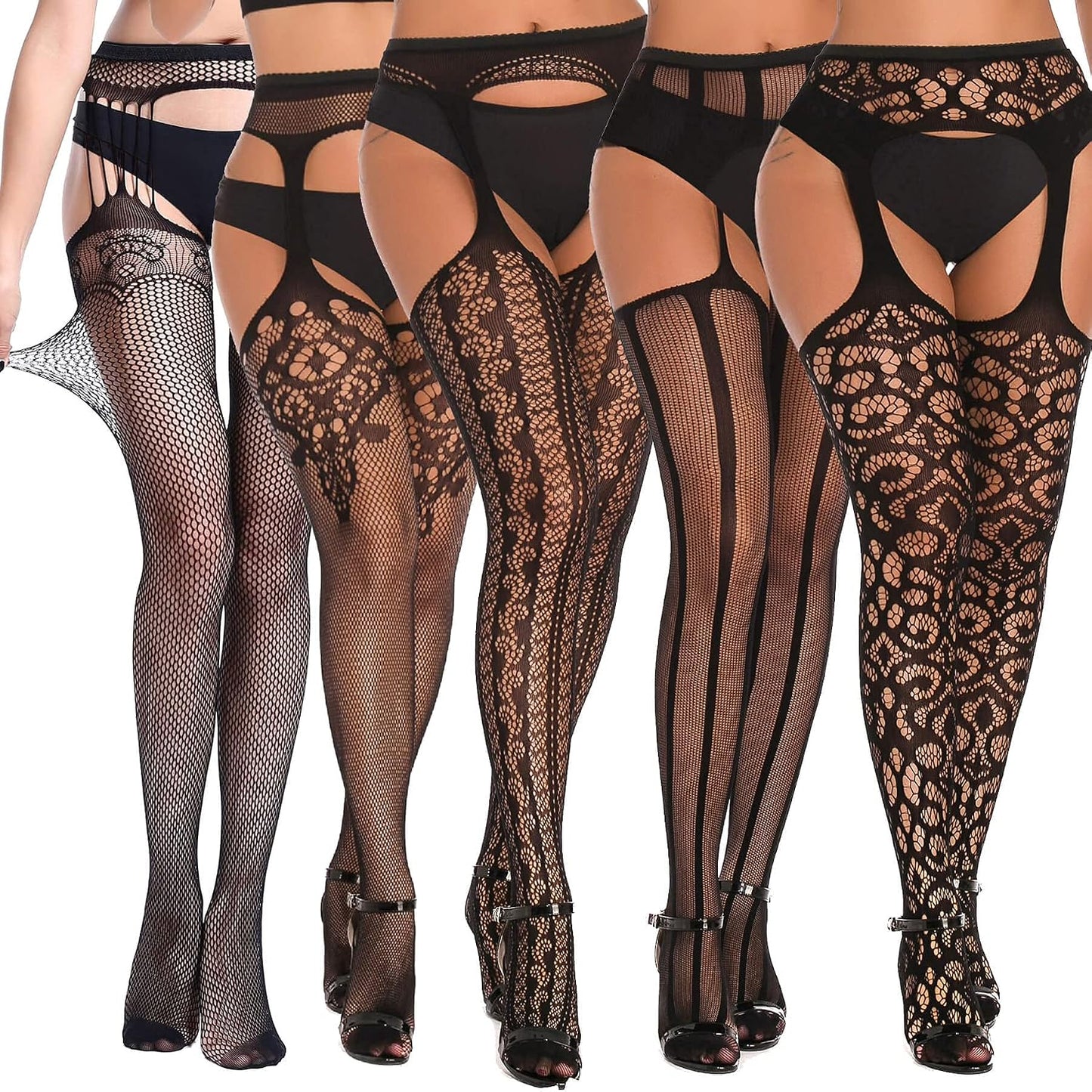 Women's Fishnet Over-The-Knee Stockings (5-Pack) With Garter Belt Set And Garter-Style Pantyhose