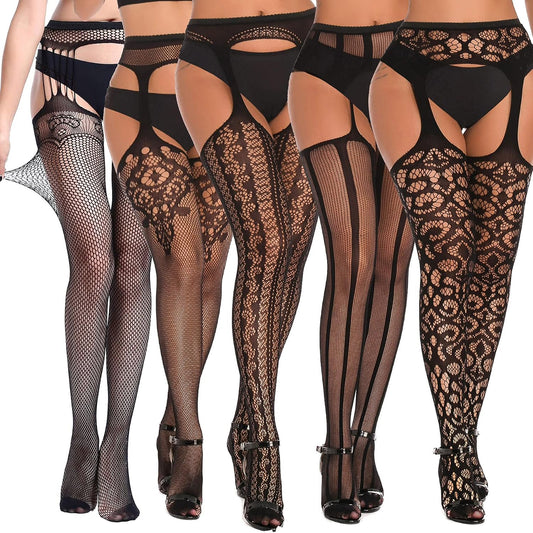 Women's Fishnet Over-The-Knee Stockings (5-Pack) With Garter Belt Set And Garter-Style Pantyhose
