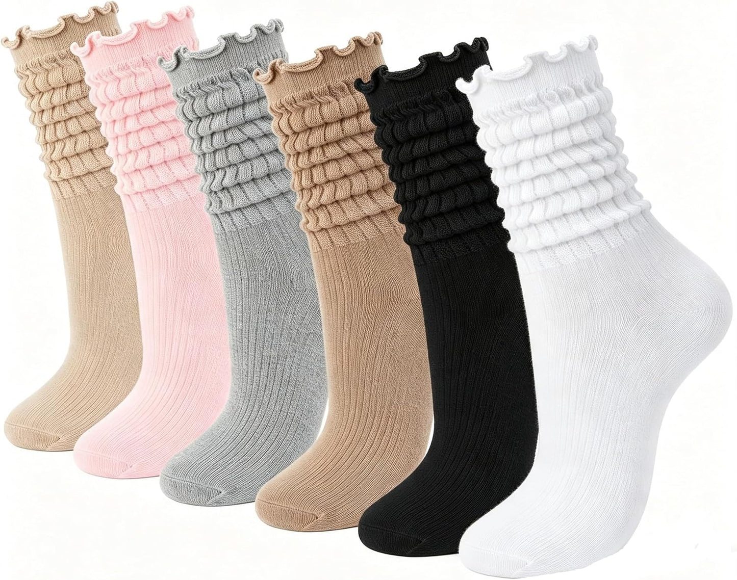 Women's Ruffled Slouch Socks (6-Pack), Cute Cotton Long Socks