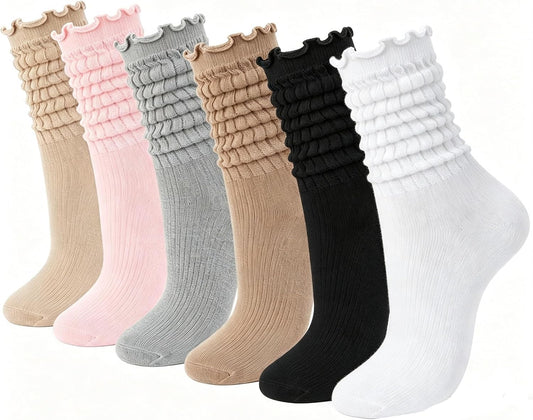 Women's Ruffled Slouch Socks (6-Pack), Cute Cotton Long Socks