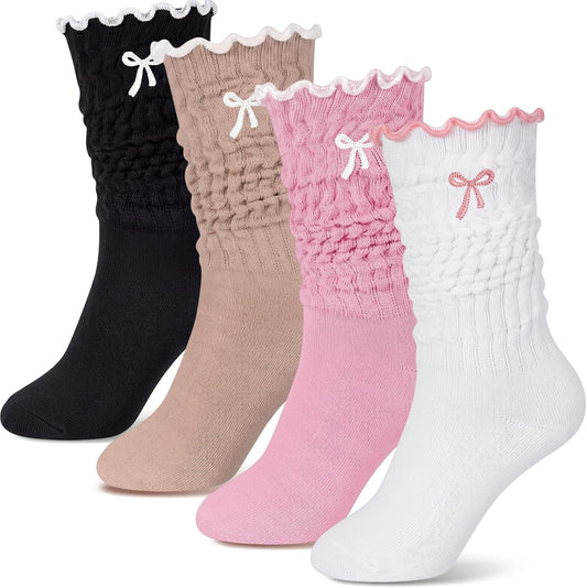 Women's Bow-Detail Slouch Socks (4-Pack), Ruffled Ruched Crew Socks, Cute Sweet-Style Knit Bow Socks