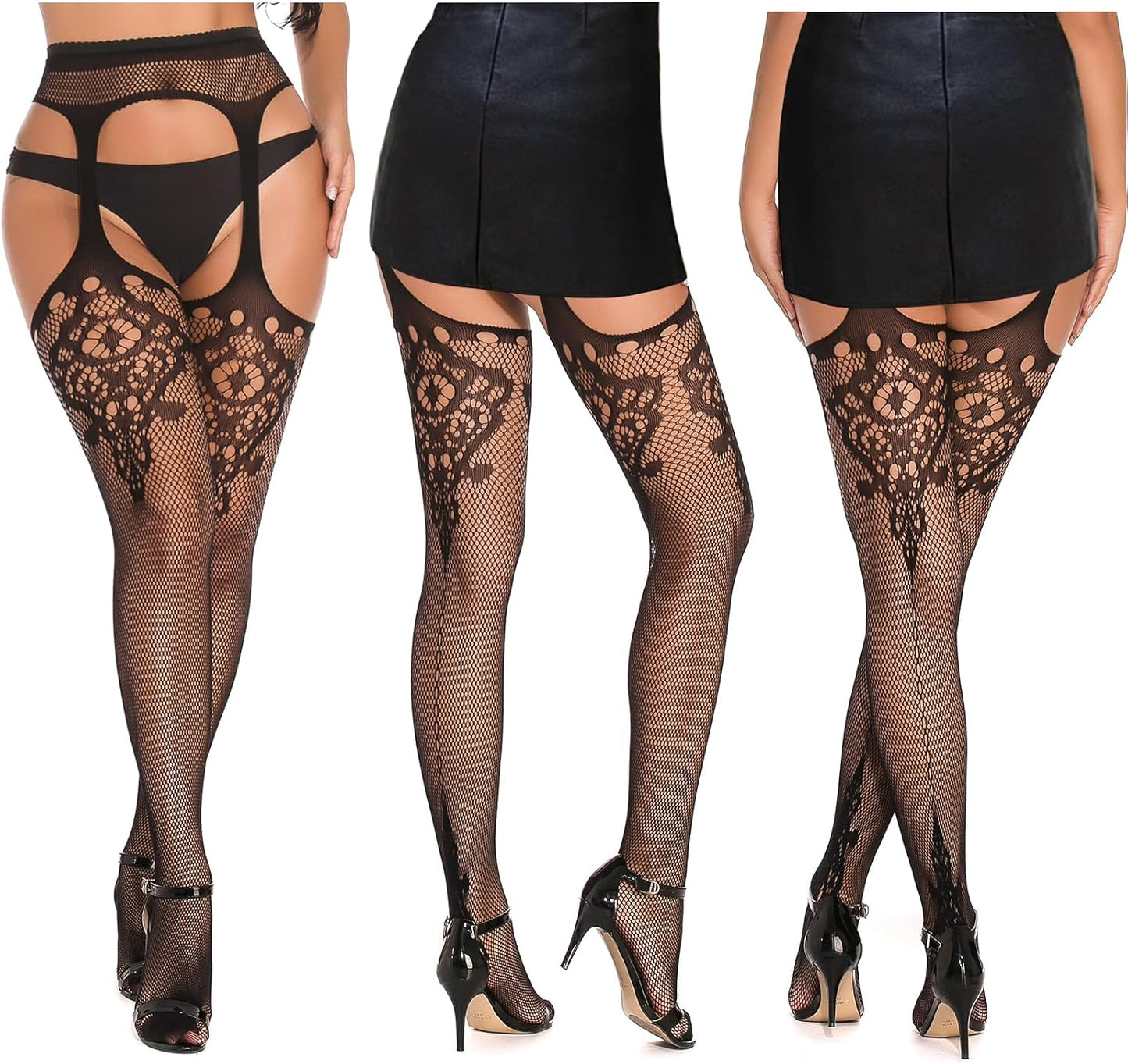 Women's Fishnet Over-The-Knee Stockings (5-Pack) With Garter Belt Set And Garter-Style Pantyhose