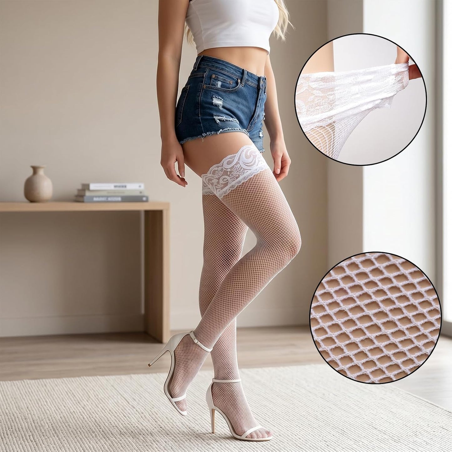 Women's Fishnet Thigh-Highs (4-Pack) – Sheer Over-the-Knee Socks with Lace Tops