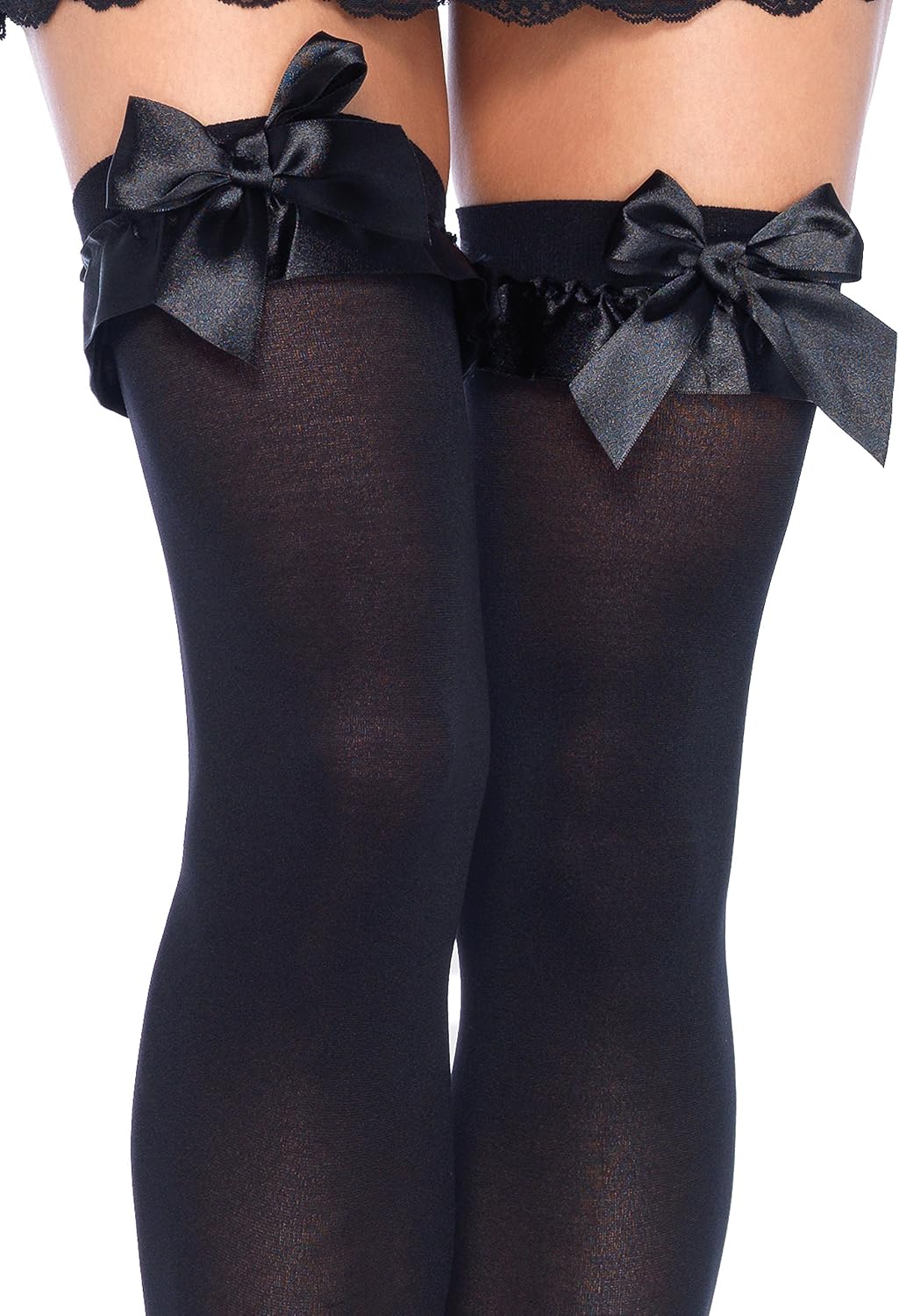 Women's Opaque Thigh Highs with Satin Ruffle Trim and Bow