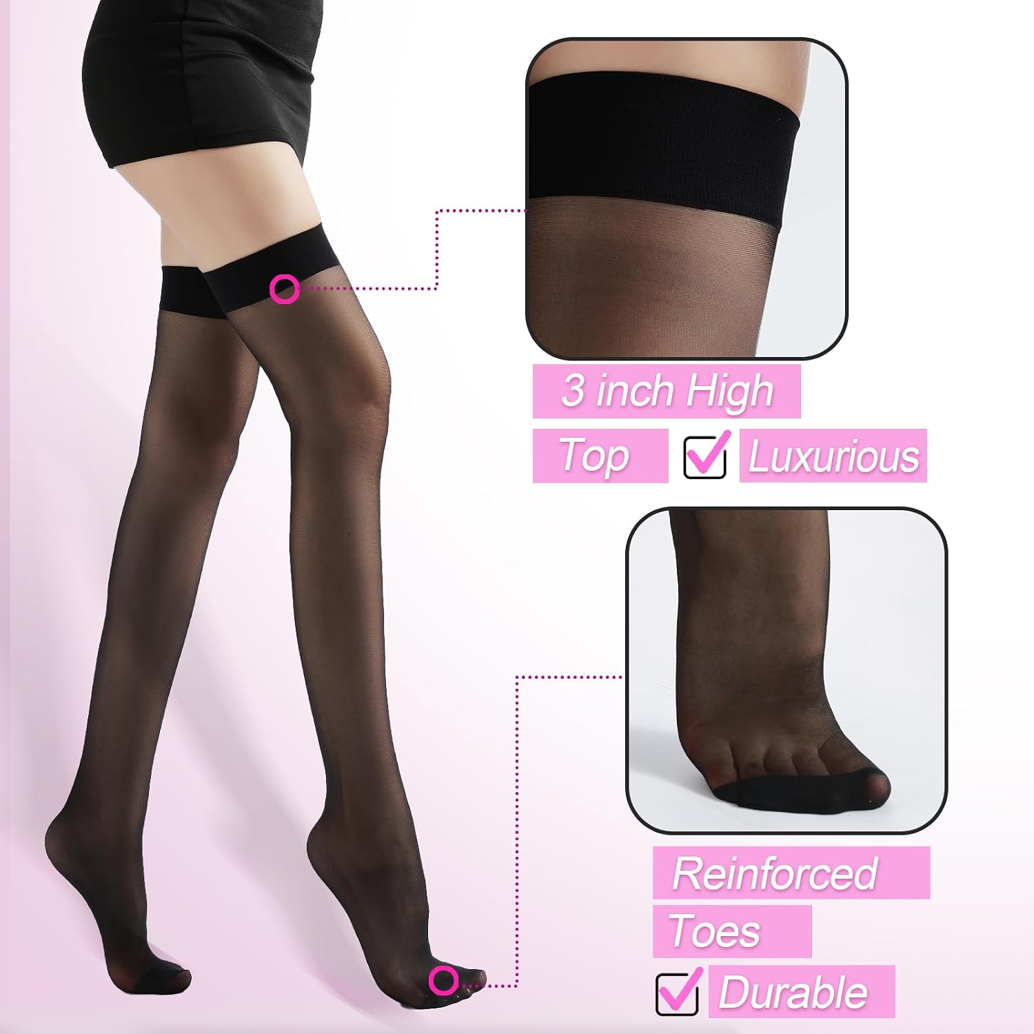 4 Pairs Women's Backseam Thigh High Stockings - 20D Sheer Top Nylon Stay Up Pantyhose with Reinforced Toe - Image 2