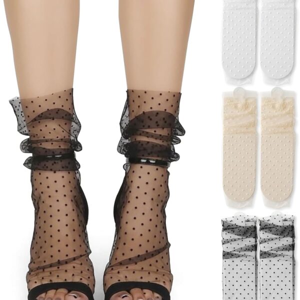 Women's Sheer Mesh Slouch Socks (2-Pack), Star & Moon Embroidered Tulle Crew Socks
