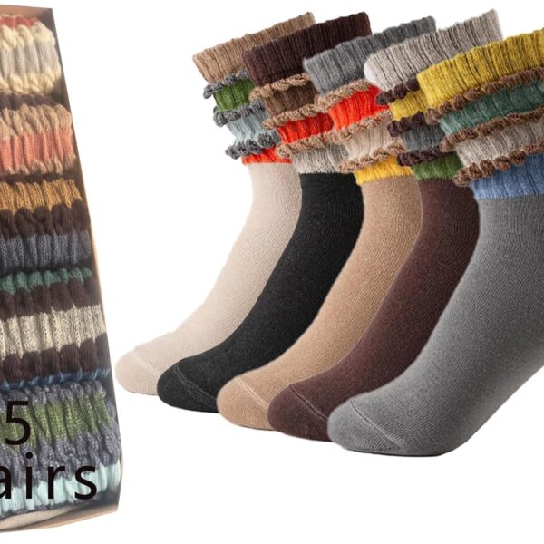 Women's Colorful Striped Crew Socks (5-Pack), Retro Sporty Casual Ruched Slouch Socks
