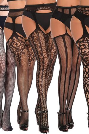 Women's Fishnet Over-The-Knee Stockings (5-Pack) With Garter Belt Set And Garter-Style Pantyhose