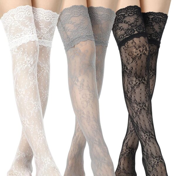 Women's Lace-Top Thigh-Highs (3-Pack) – Mesh/Fishnet Style, Lolita-Inspired Over-the-Knee/Boot Socks