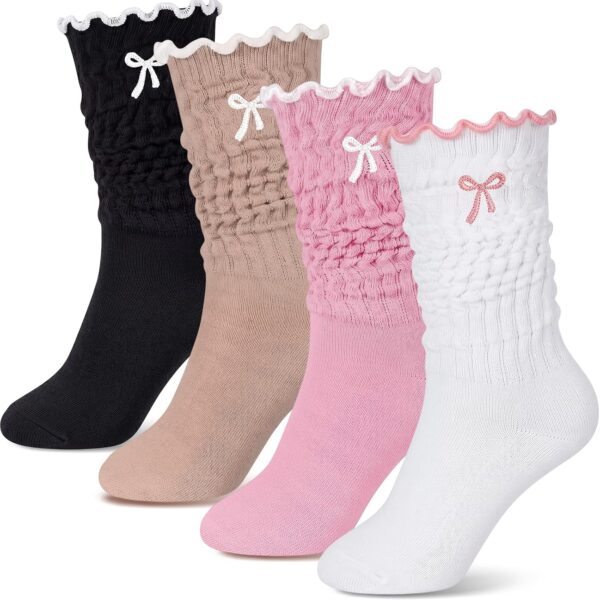 Women's Bow-Detail Slouch Socks (4-Pack), Ruffled Ruched Crew Socks, Cute Sweet-Style Knit Bow Socks